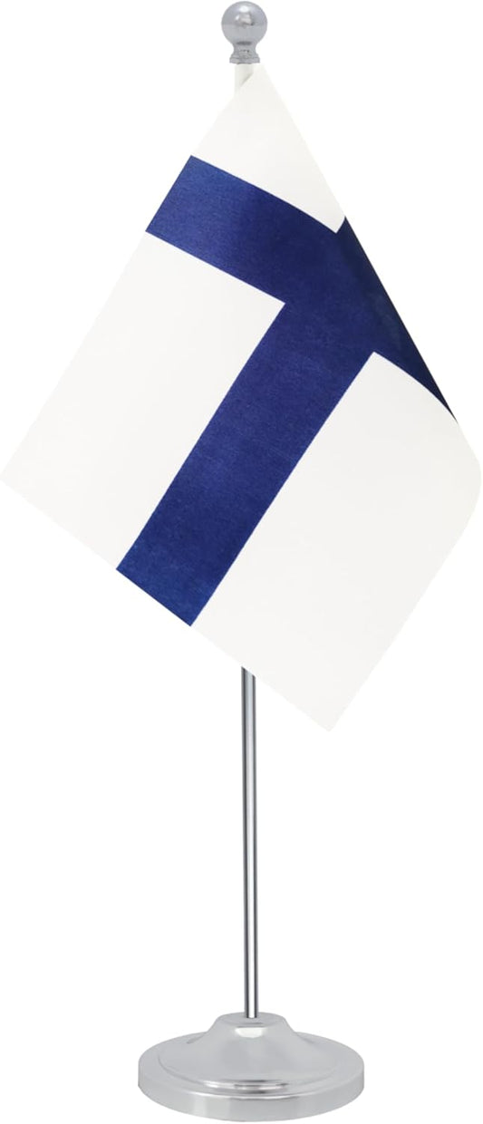 Finland Desk Flag, Finnish Table Office Flag with Metal Pole and Stand Base, International Country Flags, Festival Event Celebration, Classroom Meeting Desktop Decor (Finland)