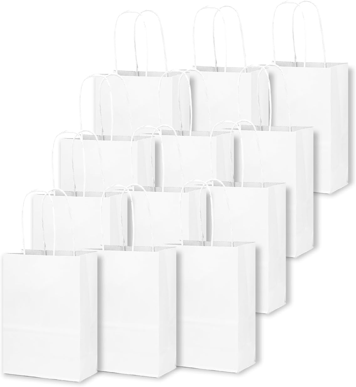 qiqee 50-Packs White Paper Gift Bags with Handles Bulk 4.5"x2.5"x6" Mini Size Party Favor Bags Multiple Uses