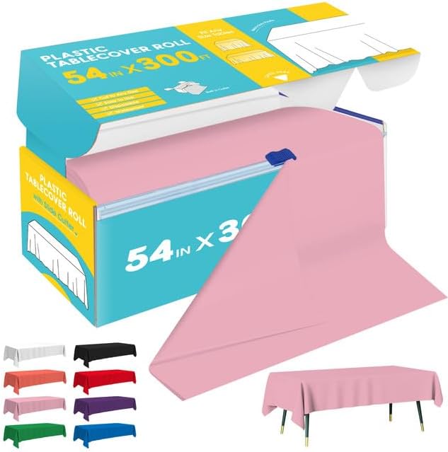 Pink Plastic Table Cover Roll - 54IN x 300FT, Table Cloth for Rectangle Table with Slide Cutter, Plastic Table Cloth Disposable with Cut-to-Size Design for Weddings, Banquets, Parties