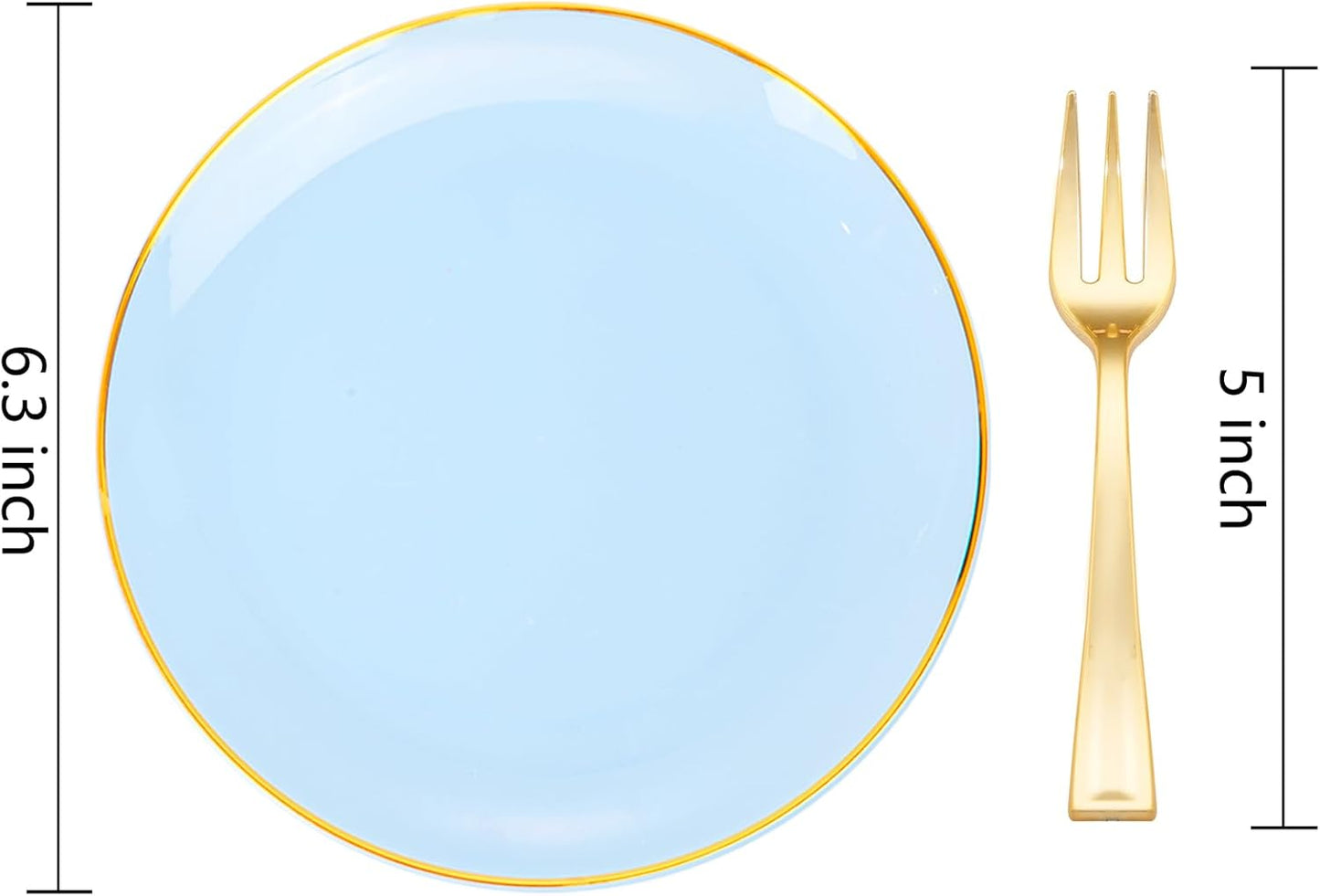 Festiva 200Pcs Blue Gold Cake Plates 6.3" with Plastic Forks 5"- Disposable Blue Dessert/Appetizer/Salad Plates- serve 100 guests for Party&Wedding&Easter