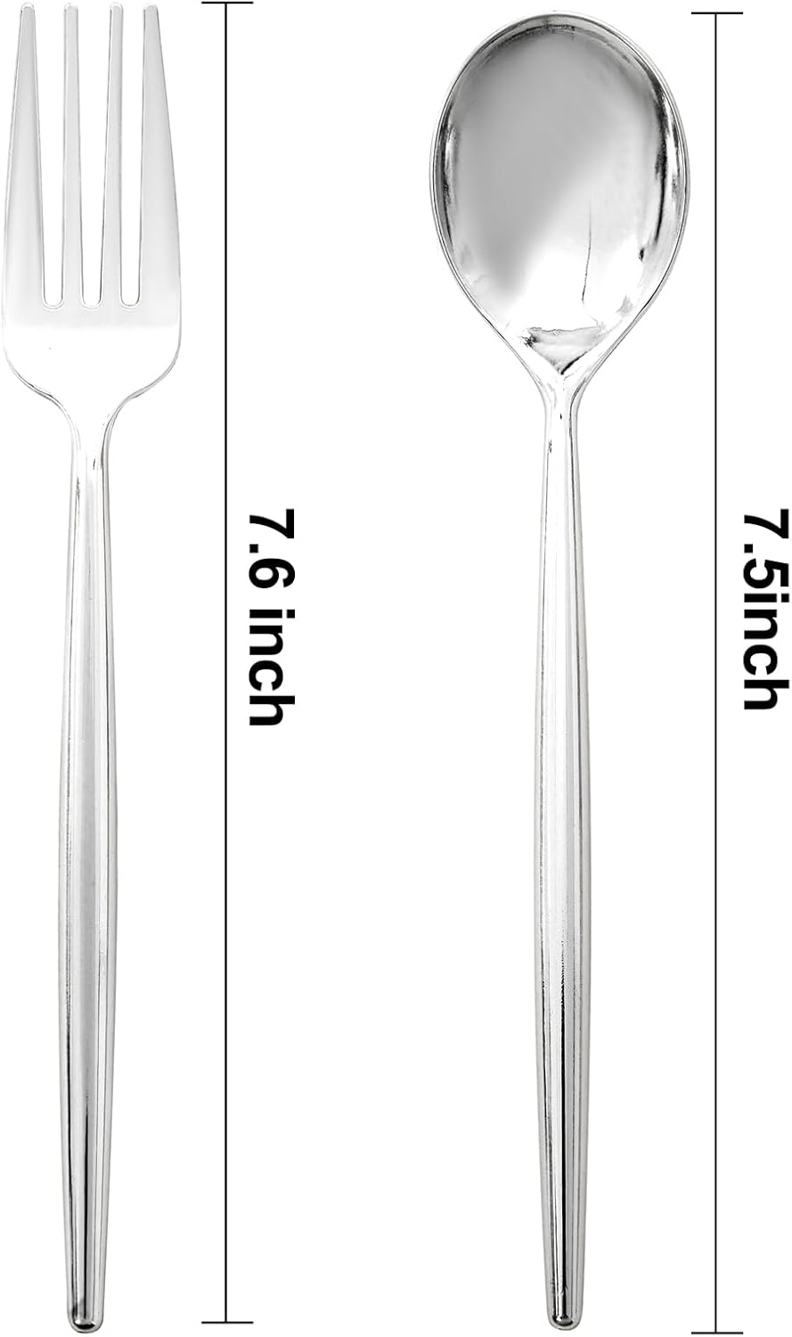 SUT 100Pcs Silver Plastic Silverware - Plastic Spoons and Forks, Disposable Silverware, Plastic Cutlery Set,50 Gold Plastic Forks, 50 Gold Plastic Spoons for Catering, Parties, Dinners, Weddings