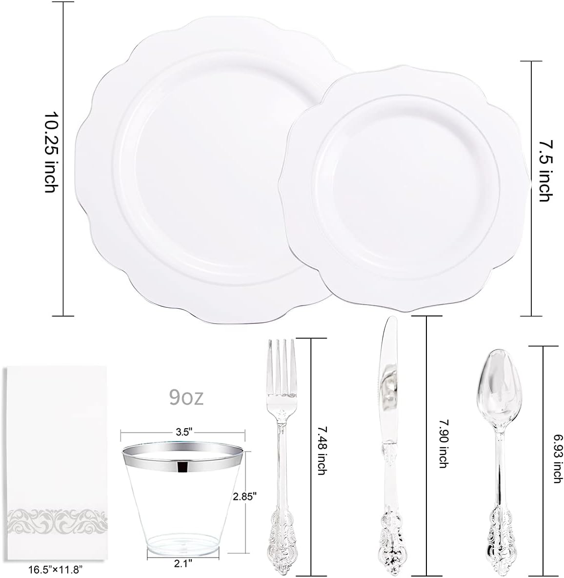 NOCCUR 175pcs Silver Plastic Plates - Silver Rim Plastic Tableware Include 25 Dinner/Dessert Plates, 25 Forks, 25 Knives, 25 Spoons for Wedding/Party/Christmas