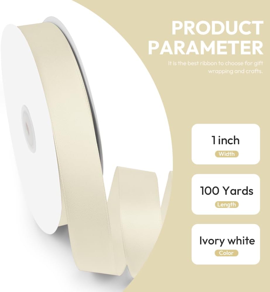 1" x 100 Yards Satin Ribbon - Ivory Silk Ribbon with Spool - Ideal for Gift Wrapping, Floral Bouquets, Crafts, Wedding Party Decorations, Christmas and Sewing Projects