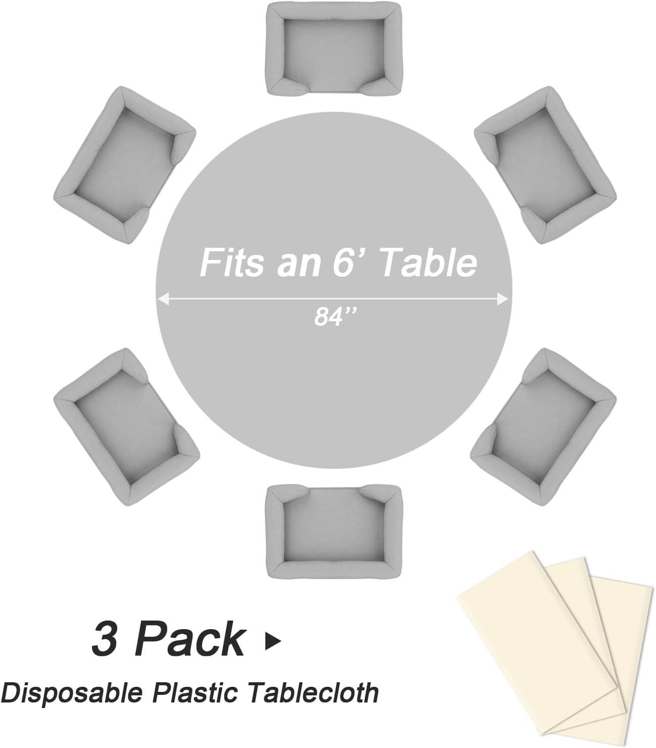 QIKSION Ivory Round Tablecloth 3 Pack, 84 Inch Plastic Table Cover Disposable for Parties