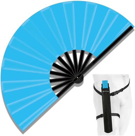 13" Large Folding Rave Fan with Holster, Clack Hand Fans Foldable for Line Dancing, Boots On The Ground Fan for Women Men Festival EDM Party Decoration, Light Blue