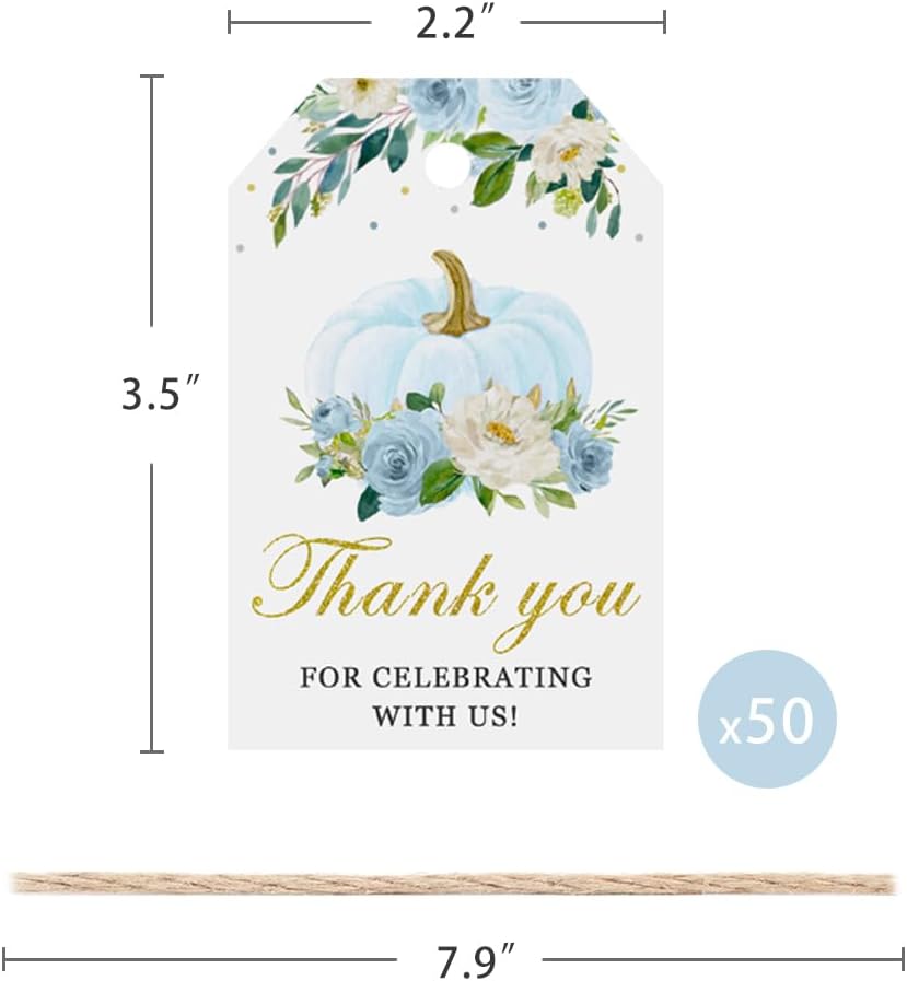 50 Pcs Pumpkin Gift Tags, Fall Theme Gift Tags with String, Thank You for Celebrating with Us Tags for Wedding Thanksgiving Birthday Baby Shower Party Favors (Color Blue)