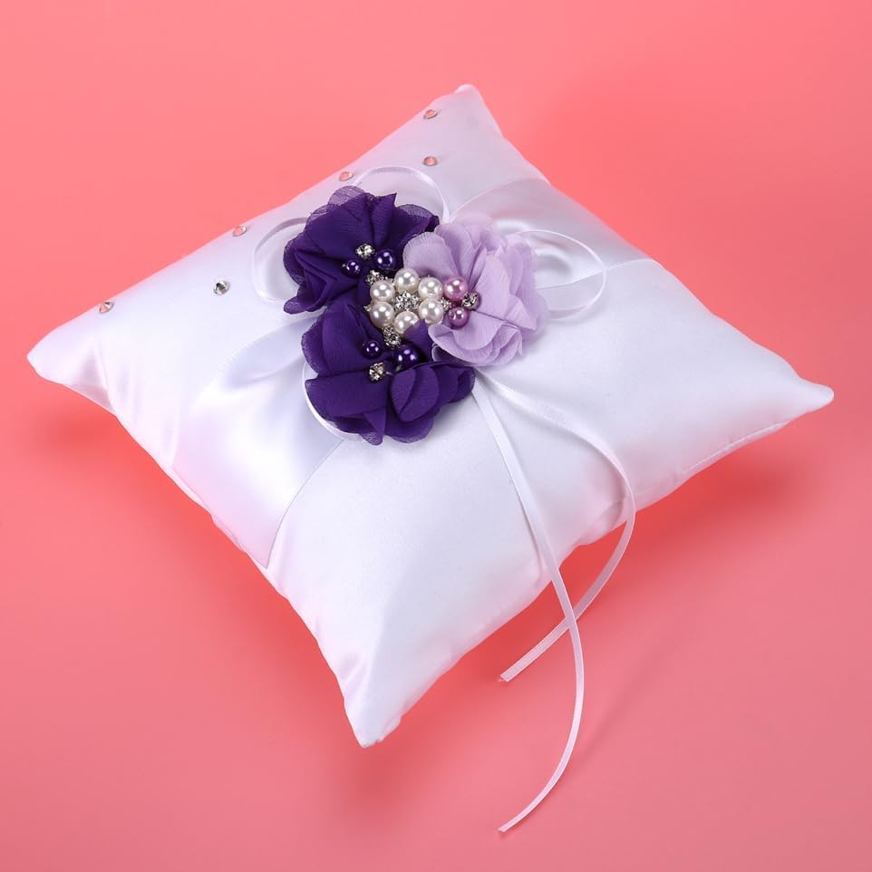 PRETYZOOM Pillow Ring Bearer Wedding Ring Pillow Wicker Flower Crown Decorative Pillows Pearl Rings Flower Girl Accessories Promise Rings for Couples Bride Vintage Jewelry Purple Lovers