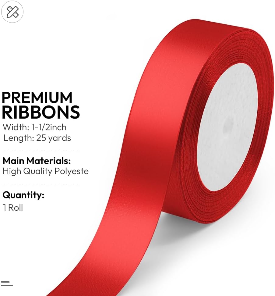 KMER LIFE 1 Inches x 25 Yards Red Satin Ribbon Solid Fabric Ribbons for Crafts, Wedding Decor, DIY Hair Accessories, Sewing, Gift Package Wrapping, Valentine's Day Bouquet and More