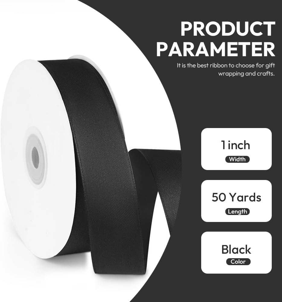 1" x 50 Yards Satin Ribbon - Black Silk Ribbon with Spool - Ideal for Gift Wrapping, Floral Bouquets, Crafts, Wedding Party Decorations, Christmas and Sewing Projects