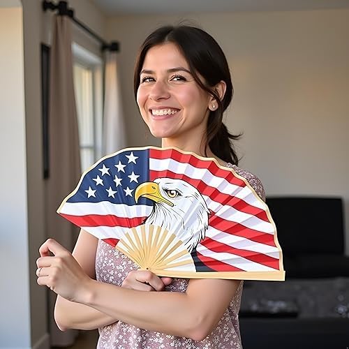 Bamboo & Paper Folding Hand Fan – Chinese Craft with Patriotic Bald Eagle American Art Design, Decorative Handheld Fan with Elegant Gift Box for Wedding, Party, Travel & Home Décor