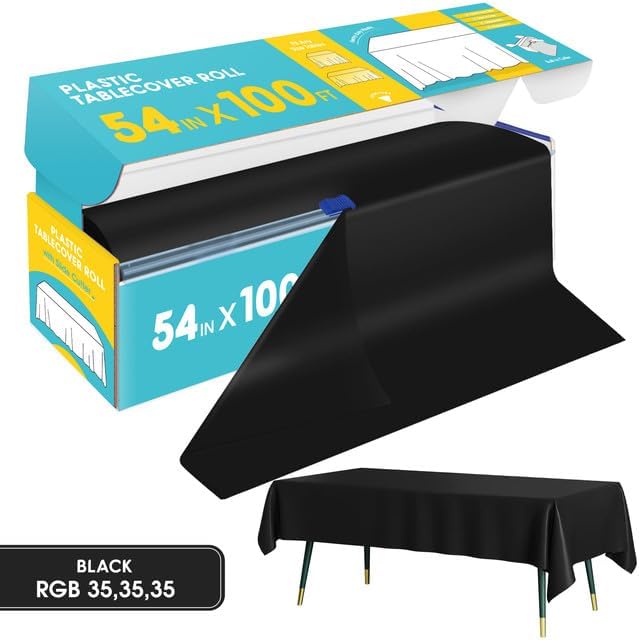 Black Plastic Table Cover Roll - 54IN x 100FT, Table Cloth for Rectangle Table with Slide Cutter, Plastic Table Cloth Disposable with Cut-to-Size Design for Weddings, Banquets, Parties