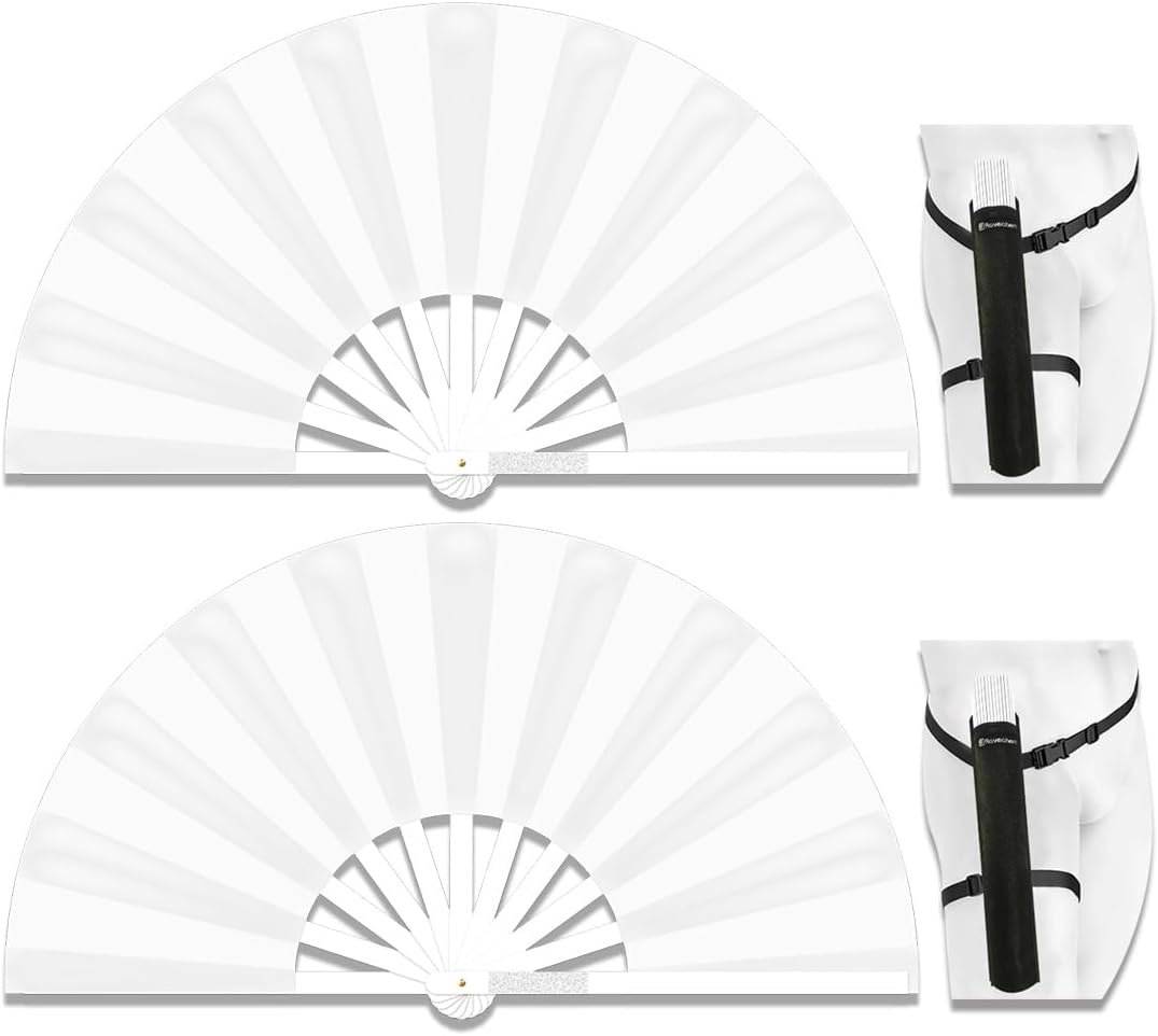 13" Large Folding Rave Fan with Holster, Clack Hand Fans Foldable for Line Dancing, Boots On The Ground Fan for Women Men Festival EDM Party Decoration, White 2 Pack