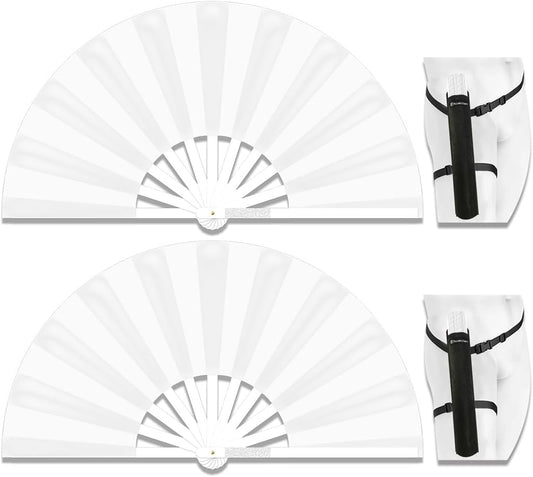 13" Large Folding Rave Fan with Holster, Clack Hand Fans Foldable for Line Dancing, Boots On The Ground Fan for Women Men Festival EDM Party Decoration, White 2 Pack