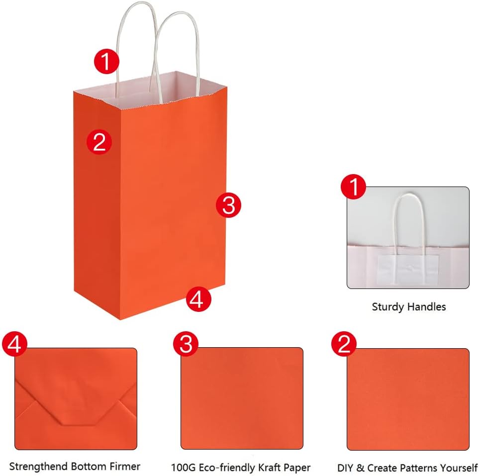Oikss 50 Pack 5.25x3.25x8.25 Inch Small Orange Kraft Paper Bags with Handles Bulk for Birthday Wedding Party Favors Grocery Retail Shopping Business Goody Craft Gift Bags Cub Sacks, 50 Count