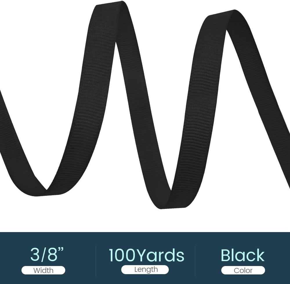 3/8" X 100 Yards Black Grosgrain Ribbon, Premium Grosgrain Ribbon for Sewing, Gift Wrapping, Bow Making, Wedding Decor, Wrapping and More (Black)