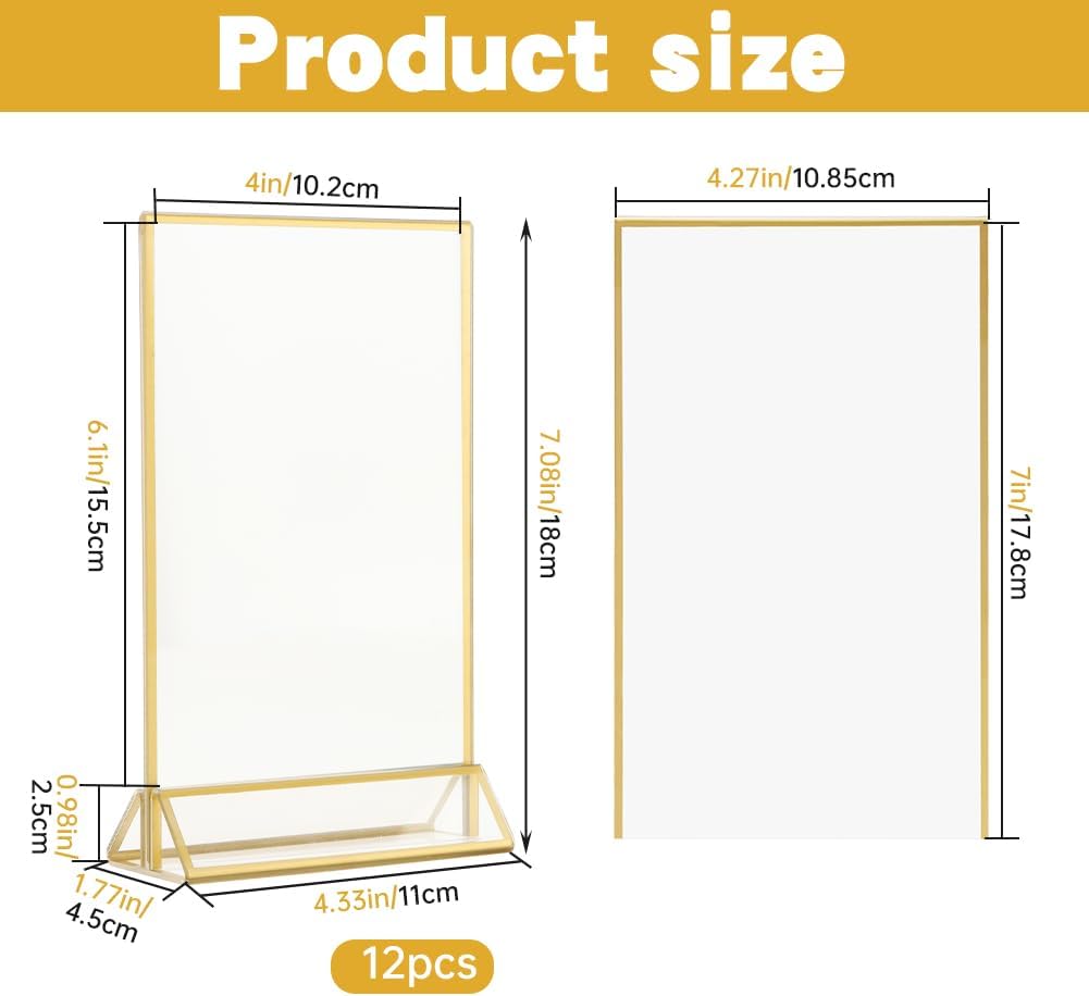 12 Pack Gold Acrylic Sign Holder 4 x 6 inch, Double Sided Gold Picture Frame Stand up Table Top Sign Holders, Wedding Table Number Frames Vertical for Party, Home, Office(4 x 6inch)