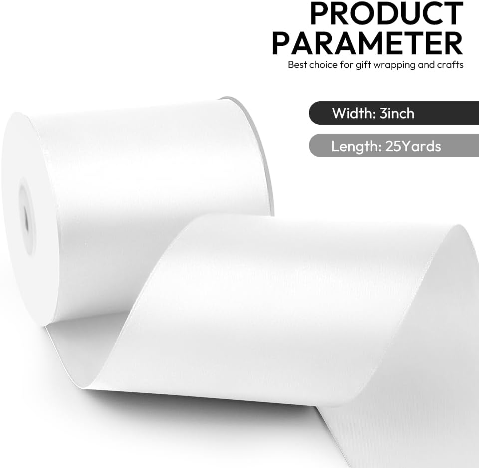 3 Inch 25 Yard Wide Satin Ribbon White, Solid Fabric Large Ribbon Roll for Cutting Ceremony Wedding Opening Party Decoration, Chairs, Sewing, Festival Pageant Sashes