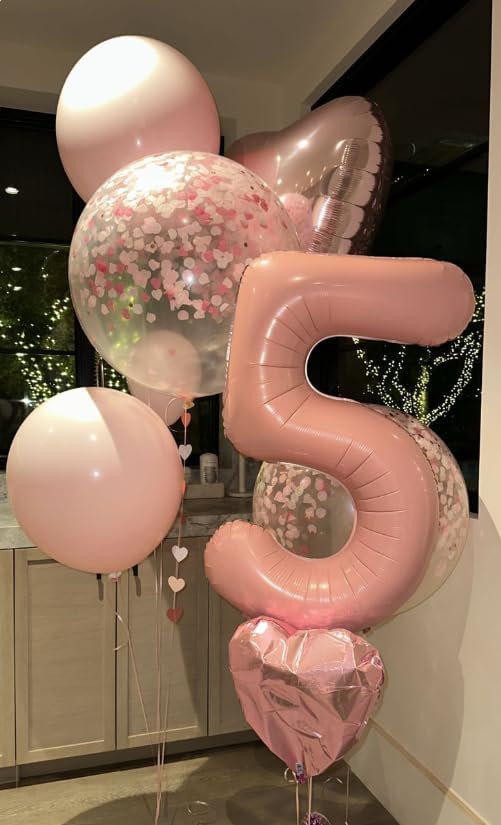 Large Pearlescent Pink 40 Inch Birthday Number 5 Balloon, Pearl Pink Five 5th 15 25 35 50 55 Birthday Anniversary Celebration Decorations, Foil Mylar Helium Numbers 5 Balloons Girl Boy Party Supplies