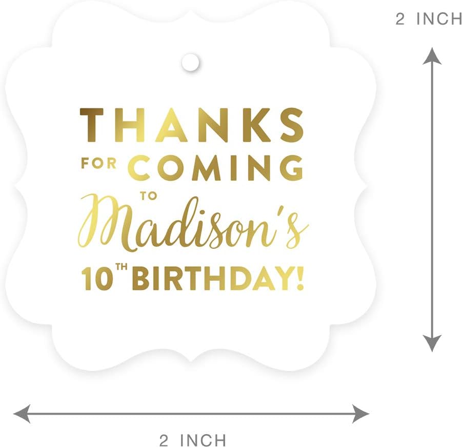 Andaz Press Personalized Fancy Frame Square Birthday Gift Tags, Metallic Gold Ink, Thanks for Coming to Madison's 10th Birthday Block Style, 24-Pack, Custom Made Name Age