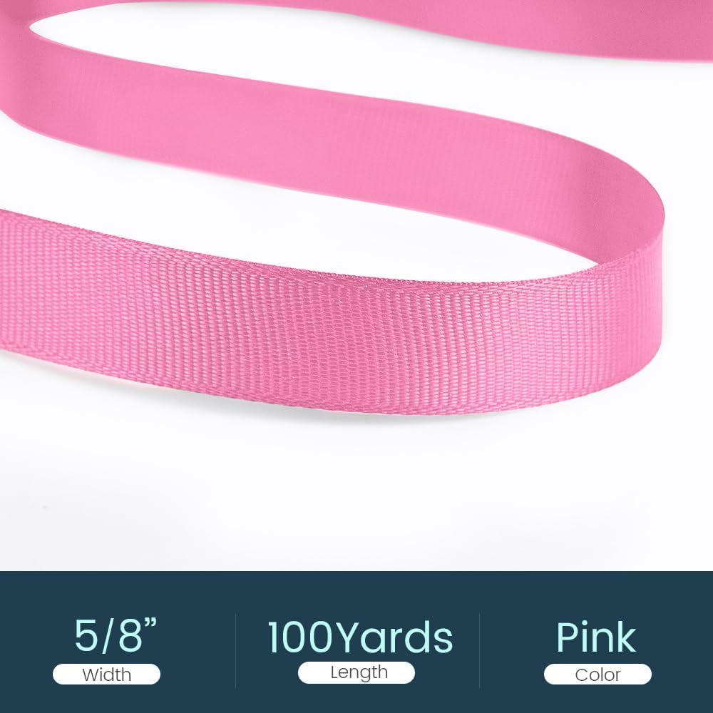 5/8" X 100 Yards Pink Grosgrain Ribbon, Premium Grosgrain Ribbon for Sewing, Gift Wrapping, Bow Making, Wedding Decor, Wrapping and More (Pink)