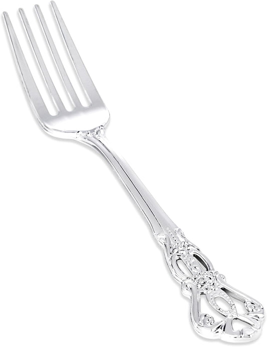 30PCS Silver Plastic Forks - 8.1inch Silver Forks Disposable - Vintage Heavy Duty Dessert Forks - Premium Fancy Plastic Silverware for Parties, Weddings, Dinners and Events
