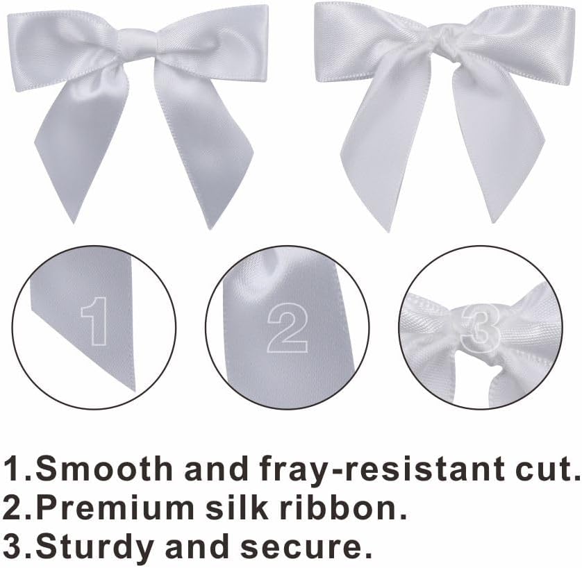 2.5" Hgzgch White Satin Ribbon Bow for Gift Wrapping, Premade Bows for Crafts, Cake, Party Favors, Handmade Bows with Double-Sided Tape, Self Adhesive Gift Bows for Presents, Treats, Christmas - 50pcs