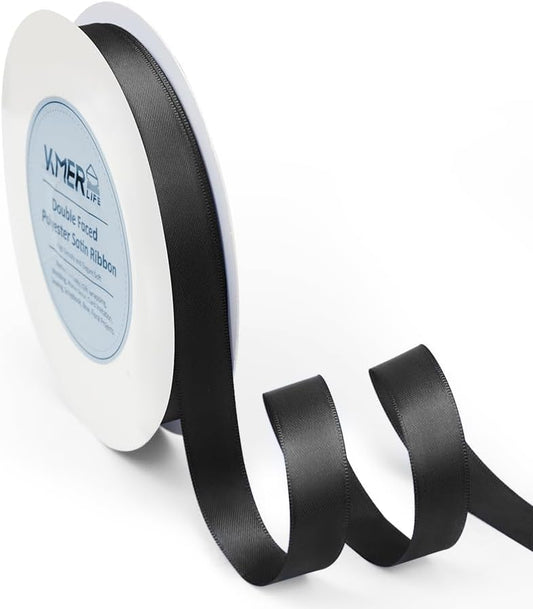 Solid Color Double Faced Black Satin Ribbon 5/8" X 50 Yards Ribbons Use for Bows Bouquet, Gift Wrapping, Floral Arrangement