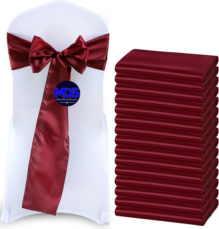 MDS Pack of 25 PCS Satin Chair Sashes Charmeuse Sateen Dining Chair Bows Ribbon Ties Back Sash for Wedding Party Birthday Home Hotel Restaurant Banquet Decoration (7 x 108 Inch, Burgundy)