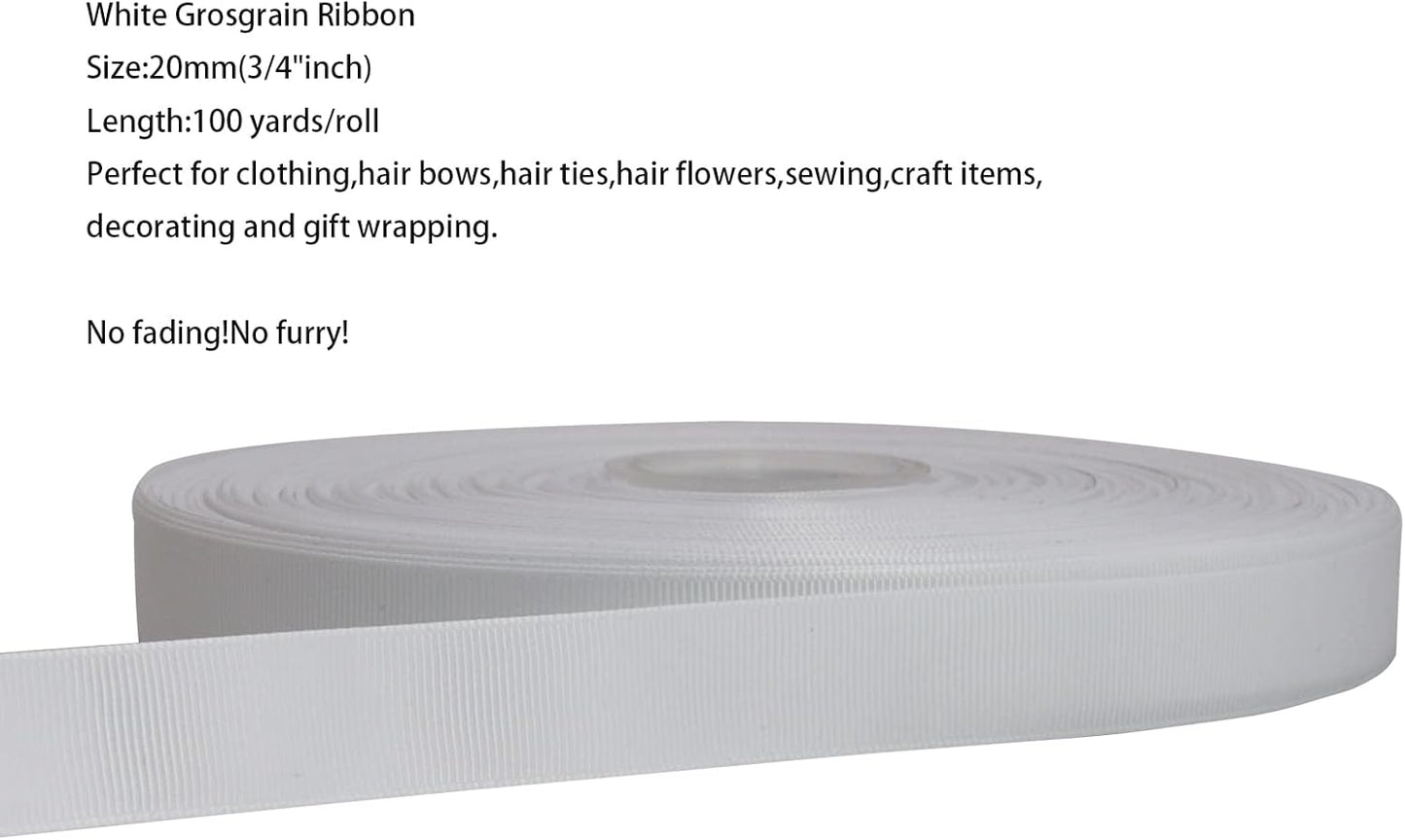 Jesep One Roll 100 Yards 3/4" Soild Grosgrain Ribbon Boutique Gift Wrapping Package Ribbon, DIY Crafts Bow Hair Headband Accessories Assorted Ribbon#29 (3/4" 20mm, White)