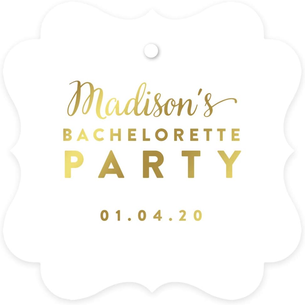 Andaz Press Personalized Fancy Frame Square Wedding Gift Tags, Metallic Gold Ink, Bachelorette Party, 24-Pack, Custom Made Any Name