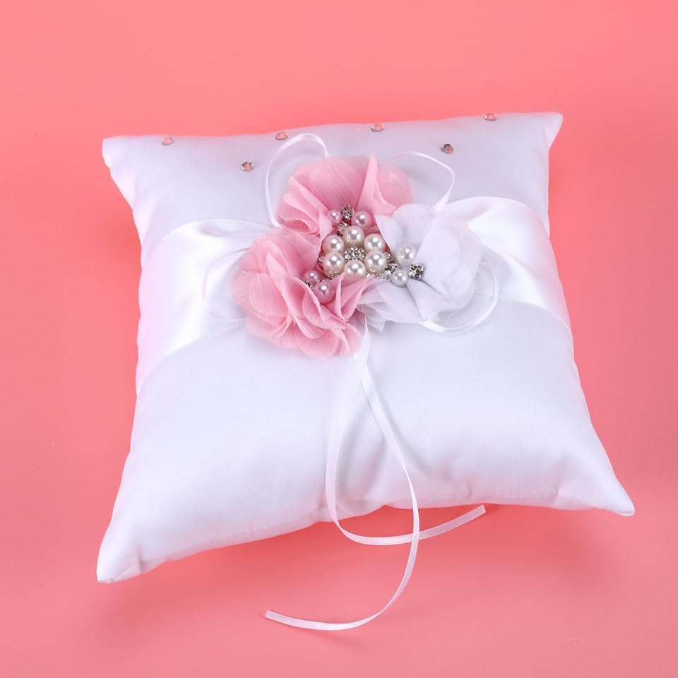 Wedding Ring Pillow Cushion with Pearl and Flower Decoration Elegant White Pink Ring Bearer Pillow for Wedding Ceremonies and Special Occasions