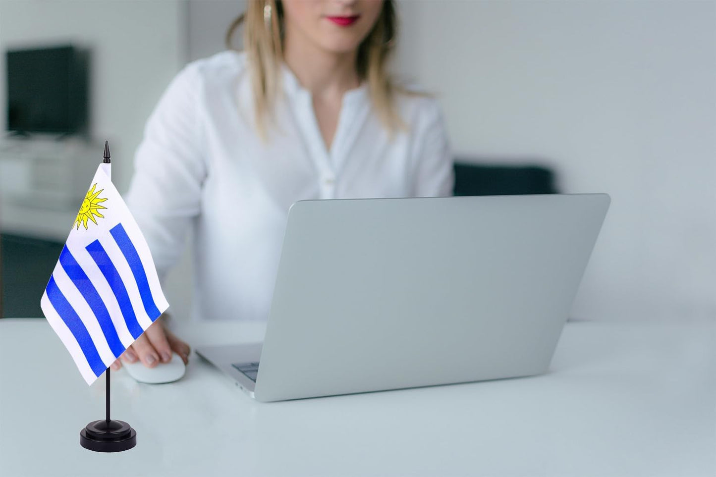 WXTWK 2 Pack Uruguay Flag Uruguay Deluxe Desk Flag Set - Mini Small Uruguayan Table Office Flags with Black 12" Solid Pole Stand Base Classroom Meeting Desktop Decorations