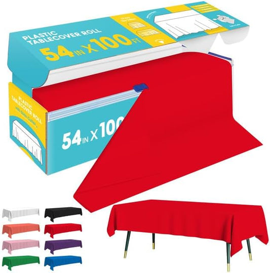 Red Plastic Table Cover Roll - 54IN x 100FT, Table Cloth for Rectangle Table with Slide Cutter, Plastic Table Cloth Disposable with Cut-to-Size Design for Weddings, Banquets, Parties