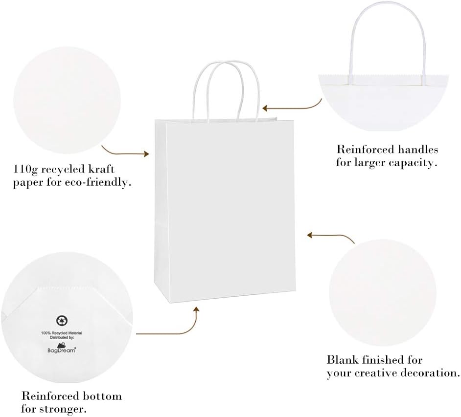 BagDream Paper Shopping Bags 10x5x13 100Pcs White Kraft Gift Bags with Handles Bulk, for Shopping, Merchandise, Retail, Party Favor, Gifts, Take-out, Recyclable Paper Sacks