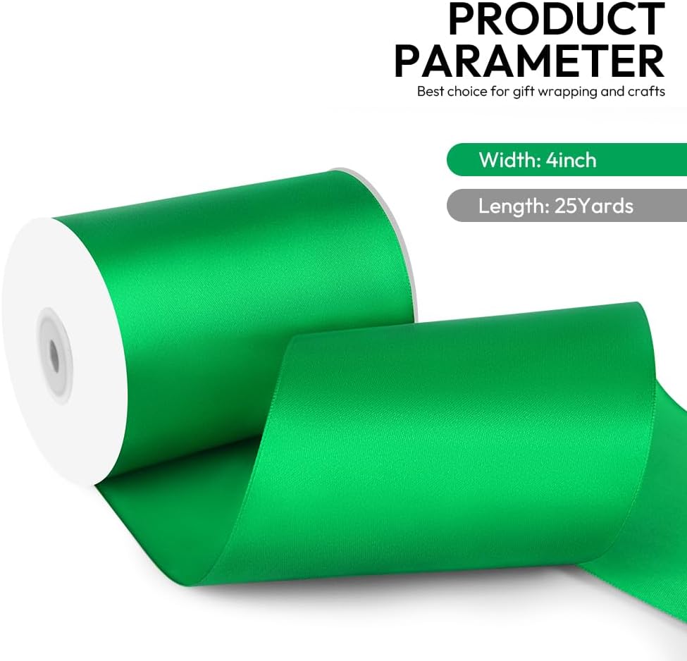 4 Inch 25 Yard Wide Satin Ribbon Green, Solid Fabric Large Ribbon Roll for Cutting Ceremony Wedding Opening Party Decoration, Chairs, Sewing, Festival Pageant Sashes