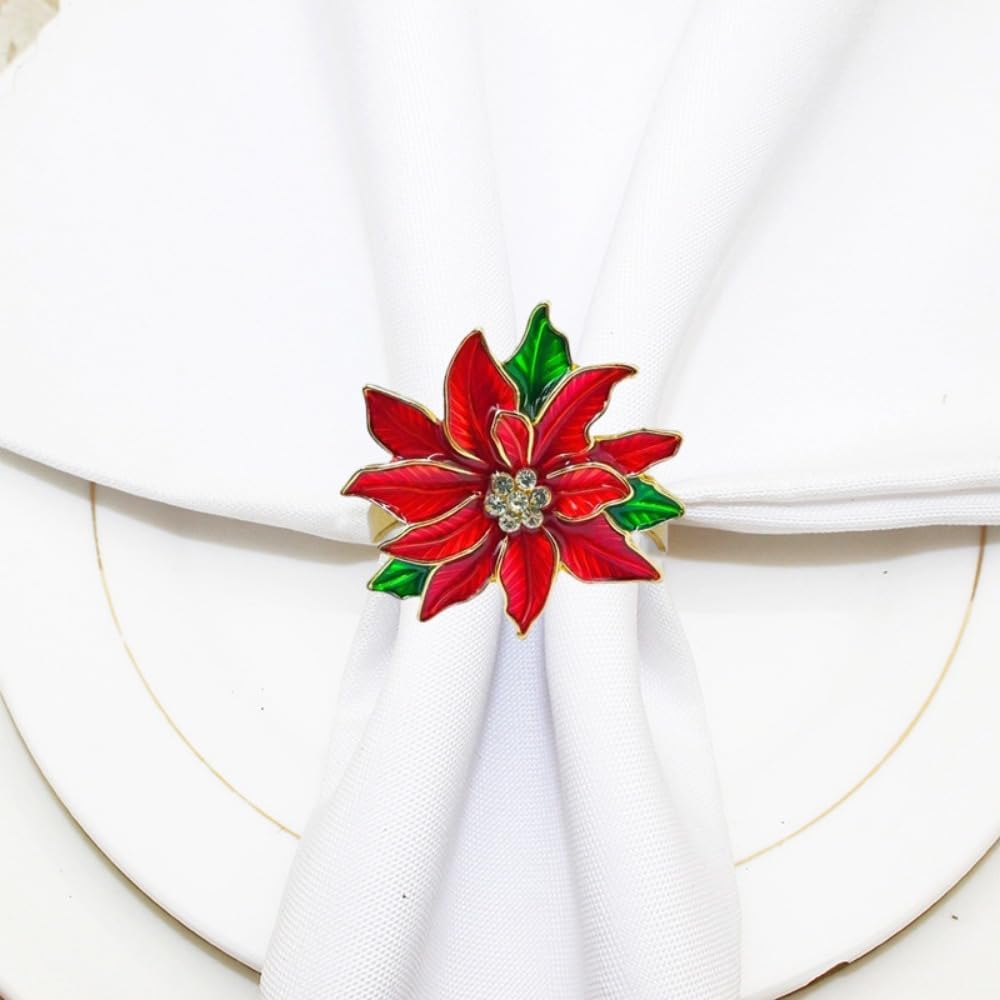 Poinsettia Napkin Rings Set of 6, Xmas Party Red Flower Napkin Holder Buckles, Thanksgiving Christmas Napkin Rings (Dark Red, One Size)