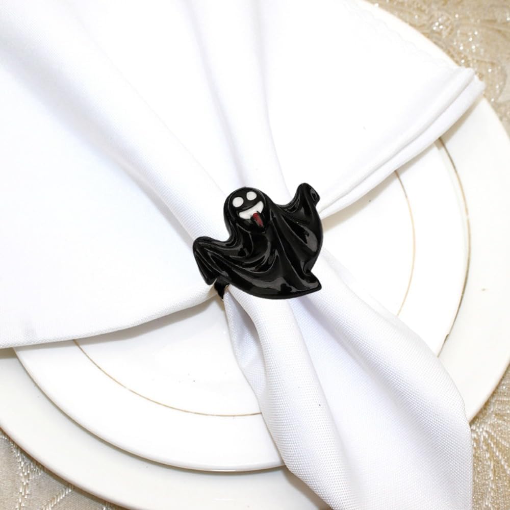 Ghost Napkin Rings Set of 6, Halloween Party Napkin Holder Buckles, Thanksgiving Christmas Napkin Rings (Black, One Size)