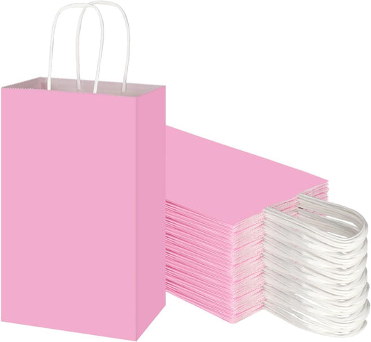 Toovip 50 Pack 5.25x3.25x8.25 Inch Small Light Pink Kraft Paper Bags with Handles Bulk, Gift Wrap Bags for Favors Grocery Retail Party Birthday Shopping Business Goody Craft Merchandise Take Out Sacks