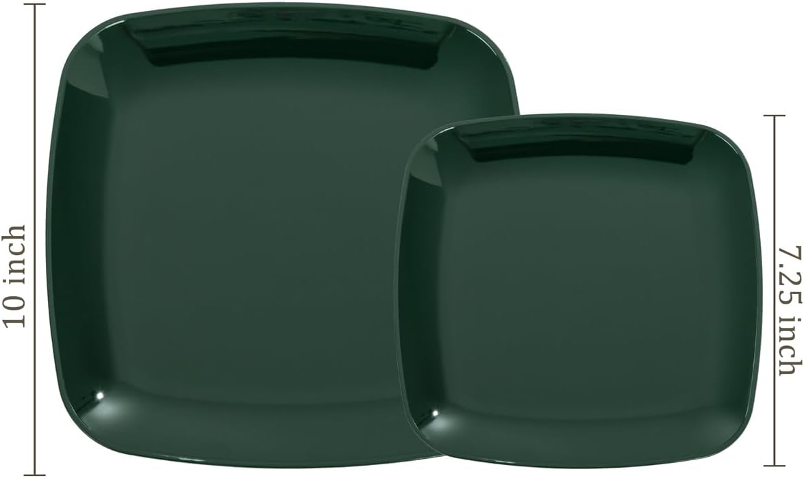 PULOTE 100PCS Green Plastic Plates - Green Square Disposable With Gold Rim - Include 50 Dinner 10inch, 50 Dessert 7.25inch Plates for Party&Christmas
