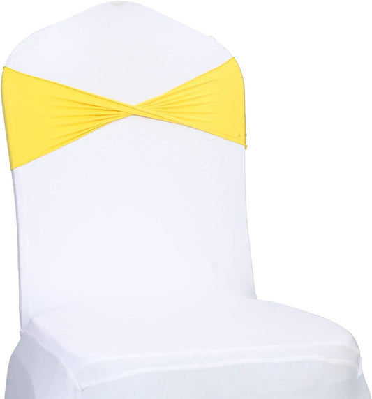 VDS Pack of 150 PCS | Yellow | Spandex Chair Sashes Bows Without Buckle | Stretch Elastic Banquet Universal Folding Chair Band Tie with for Wedding Party Conference Celebration Event Decoration