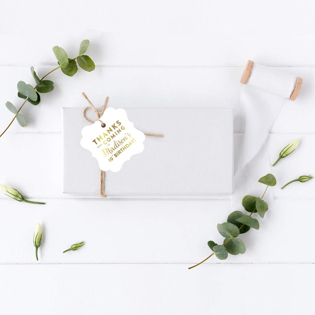 Andaz Press Personalized Fancy Frame Square Birthday Gift Tags, Metallic Gold Ink, Thanks for Coming to Madison's 10th Birthday Block Style, 24-Pack, Custom Made Name Age