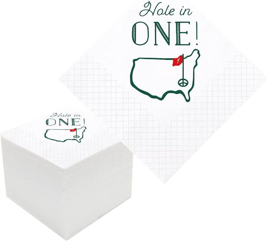 Golf Cocktail Napkins, 100 Pack Hole in One First Birthday Golf Themed Paper Disposable Cocktail Beverage Napkins for Baby 1st Hole In One Birthday Decorations 2-Ply, 5x5 Inches (Hole in One)