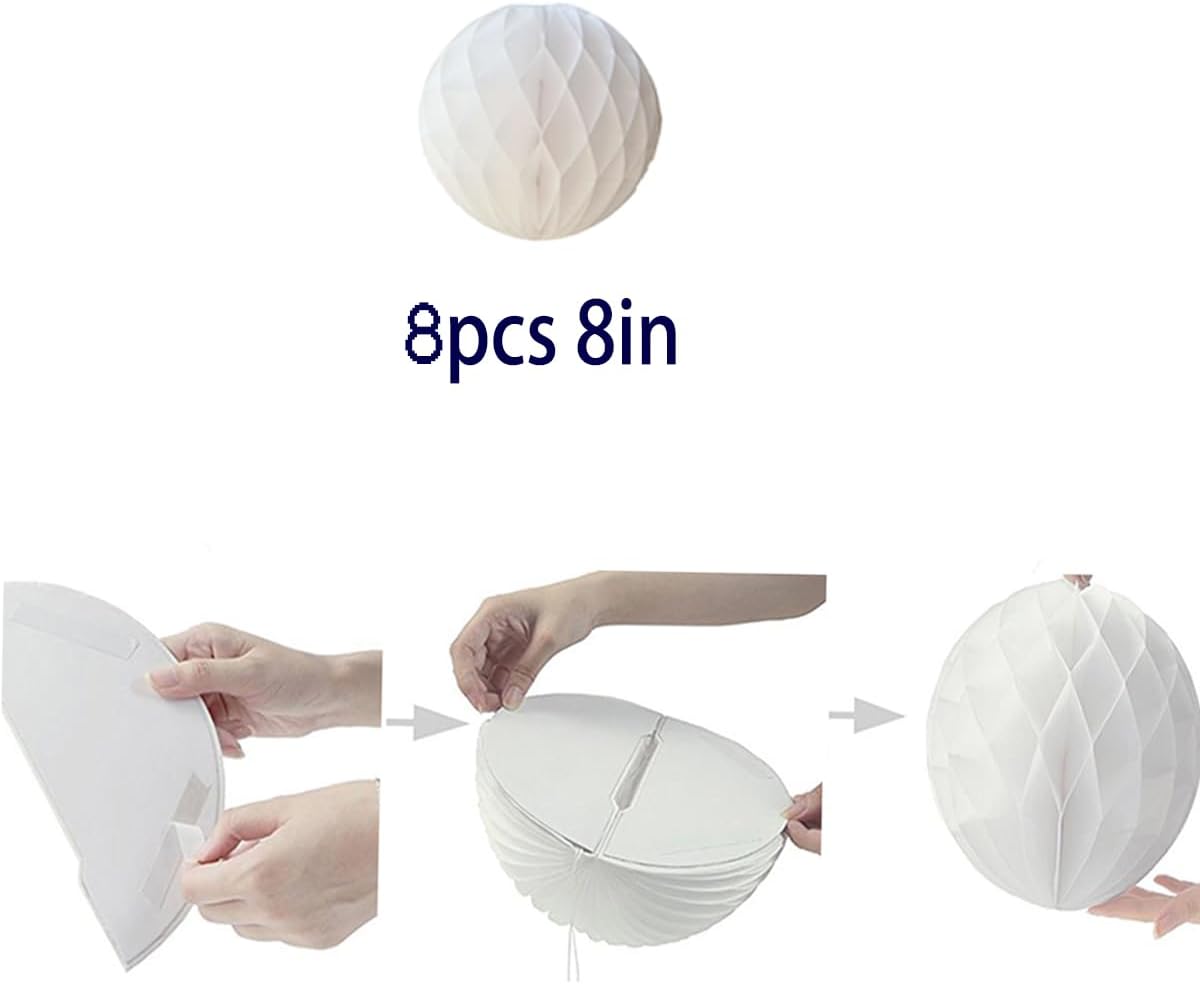 8pcs 8inch Paper Honeycomb Balls Decorative Tissue Pom Poms Flower Art Hanging Balls for Birthday Wedding Nursery Baby Shower Home Decor (8inch, White)