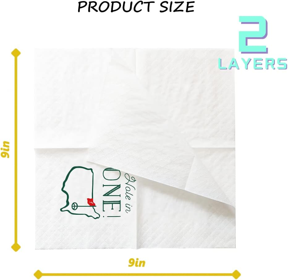 Golf Cocktail Napkins, 100 Pack Hole in One First Birthday Golf Themed Paper Disposable Cocktail Beverage Napkins for Baby 1st Hole In One Birthday Decorations 2-Ply, 5x5 Inches (Hole in One)