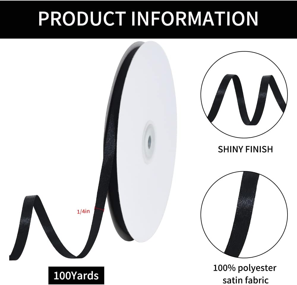 TONIFUL 1/4 Inch x 100yds Black Satin Ribbon, Thin Solid Color Satin Ribbon for Gift Wrapping, Crafts, Hair Bows Making, Wedding Party Decoration,Halloween, Floral Bouquets