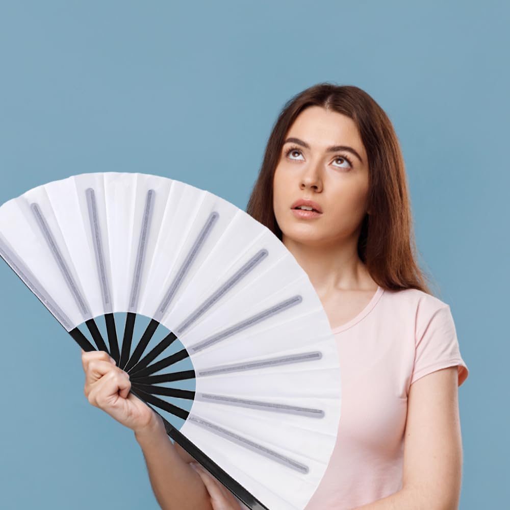 8 Pack Large Folding Hand Fans for Women/Men, Kungfu Taichi Rave Folding Fan with Bag, Large Popping Clacking Fans for Line Dancing, Concert, Party, Festival, Home Decorations(White)