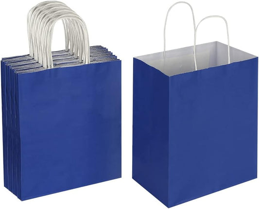 Oikss 50 Pack 8x4.75x10 Inch Medium Royal Blue Kraft Paper Bags with Handles Bulk for Birthday Wedding Party Favors Grocery Retail Shopping Takeout Business Goody Craft Gift Bags Sacks, (50pcs Count)