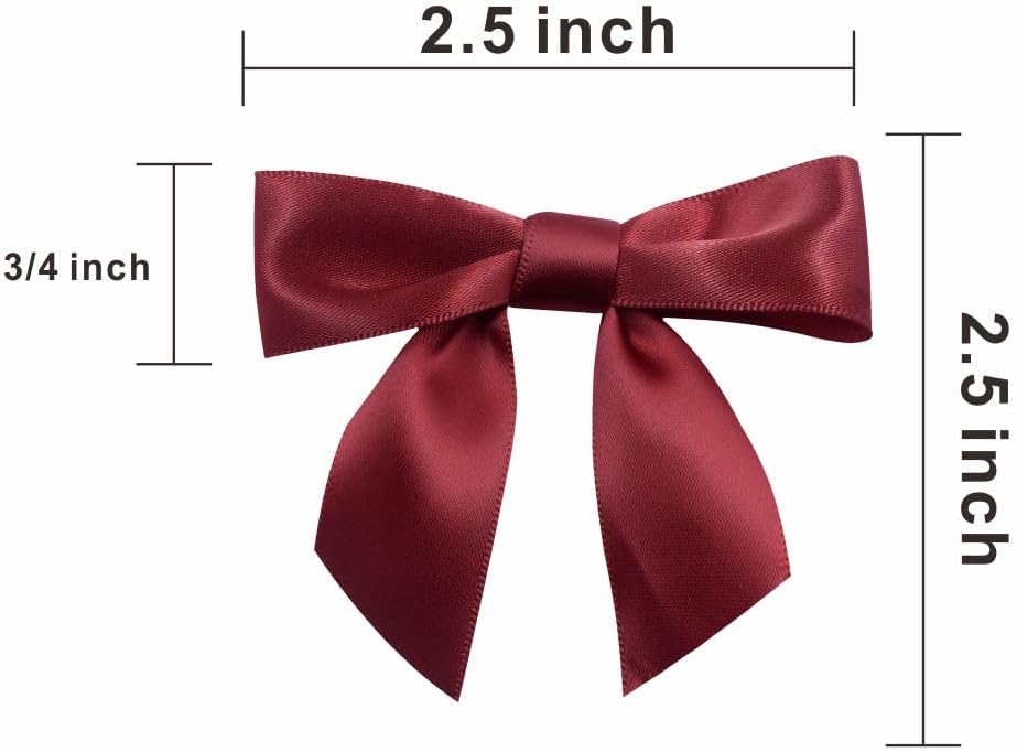 2.5" Hgzgch Burgundy Satin Ribbon Bow for Gift Wrapping, Premade Bows for Crafts, Cake, Party Favors, Handmade Bows with Double-Sided Tape, Self Adhesive Bows for Presents, Treats, Christmas - 50pcs