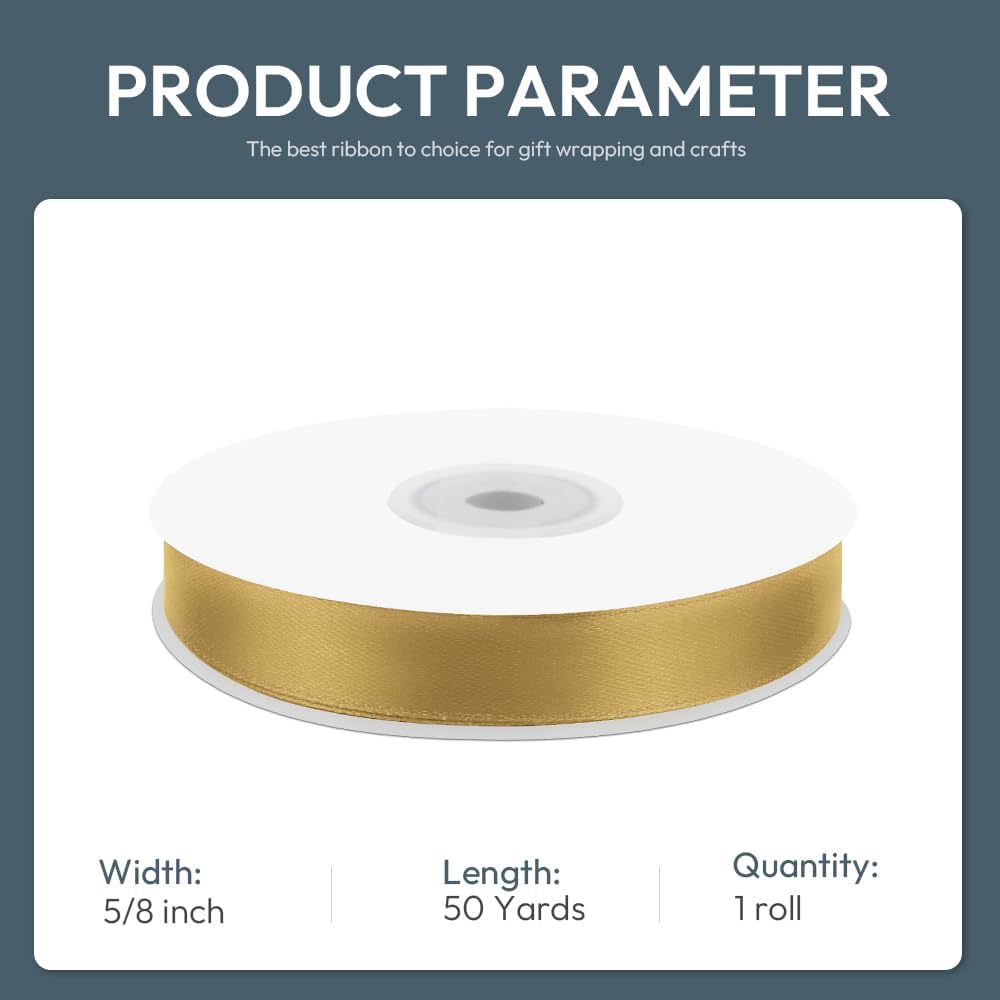KMER LIFE 5/8" Wide x 50 Yards Golden Single Faced Polyester Satin Ribbon, Golden Satin Ribbon Perfect for Wedding Decor, Wreath, Crafts, Gift Wrapping & Other Projects (Golden)