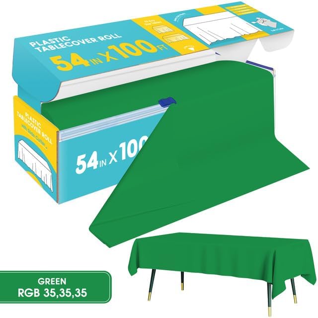Green Plastic Table Cover Roll - 54IN x 100FT, Table Cloth for Rectangle Table with Slide Cutter, Plastic Table Cloth Disposable with Cut-to-Size Design for Weddings, Banquets, Parties